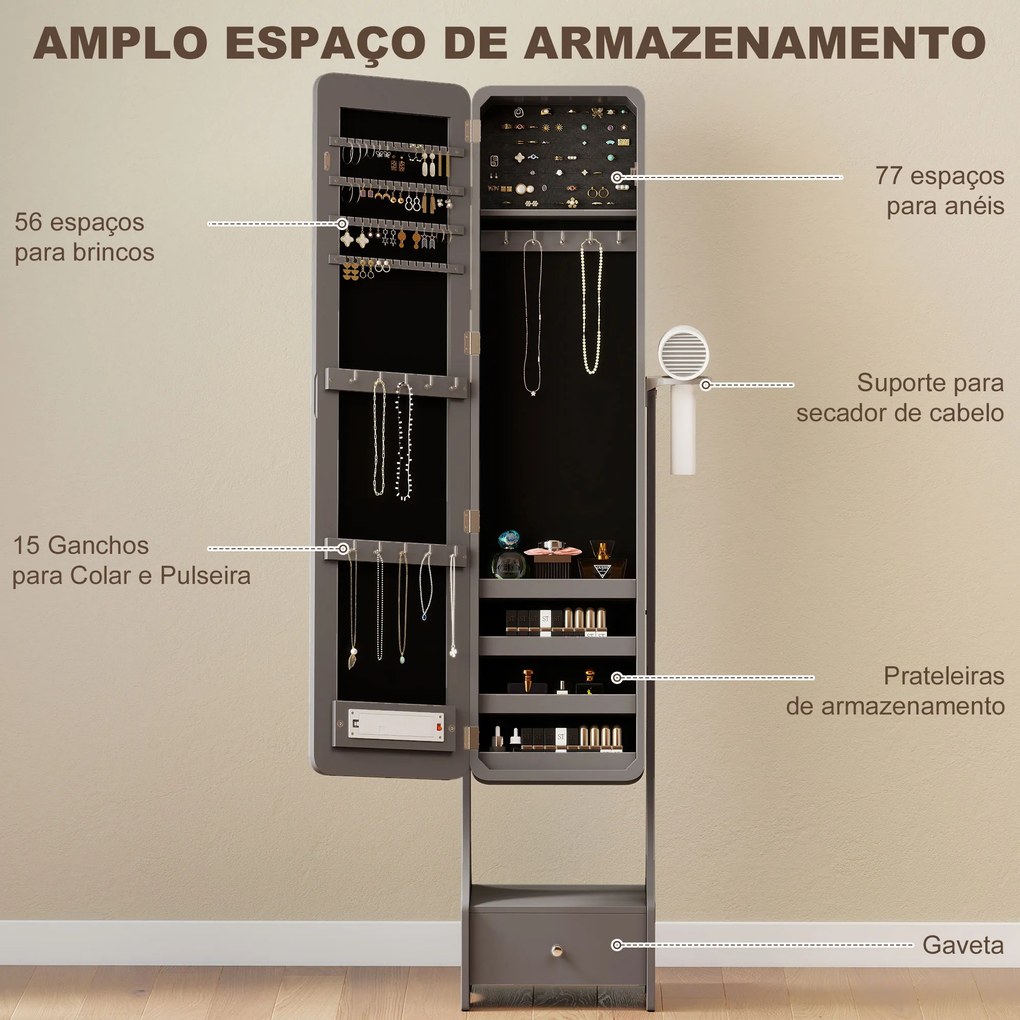 Espelho para Joias com Luzes LED Armário para Joias com Espelho de Corpo Inteiro Ajustável Gaveta Luzes com Desligar Automático Cinzento