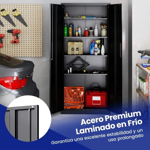 Armário metálico com 2 portas 80 x 40 x 180 cm com fechadura para ferramentas de garagem ou escritório com 4 prateleiras ajustáveis preto