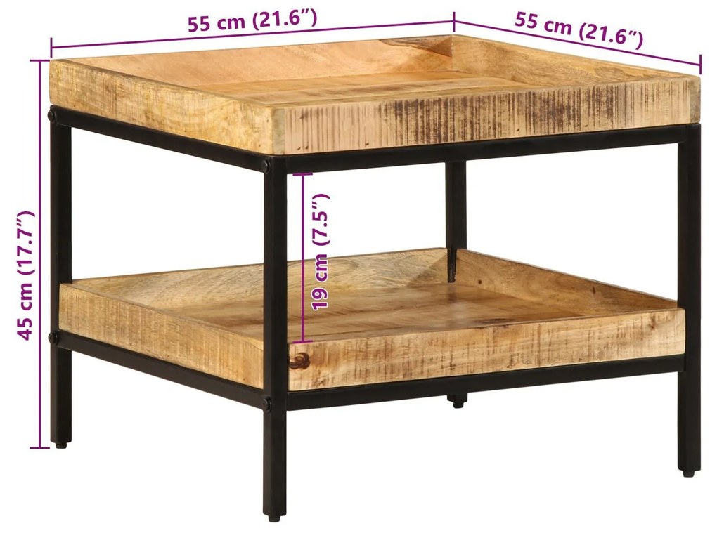 Mesa de Apoio 55x55x45 cm Madeira Sólida de Mangueira Rústica