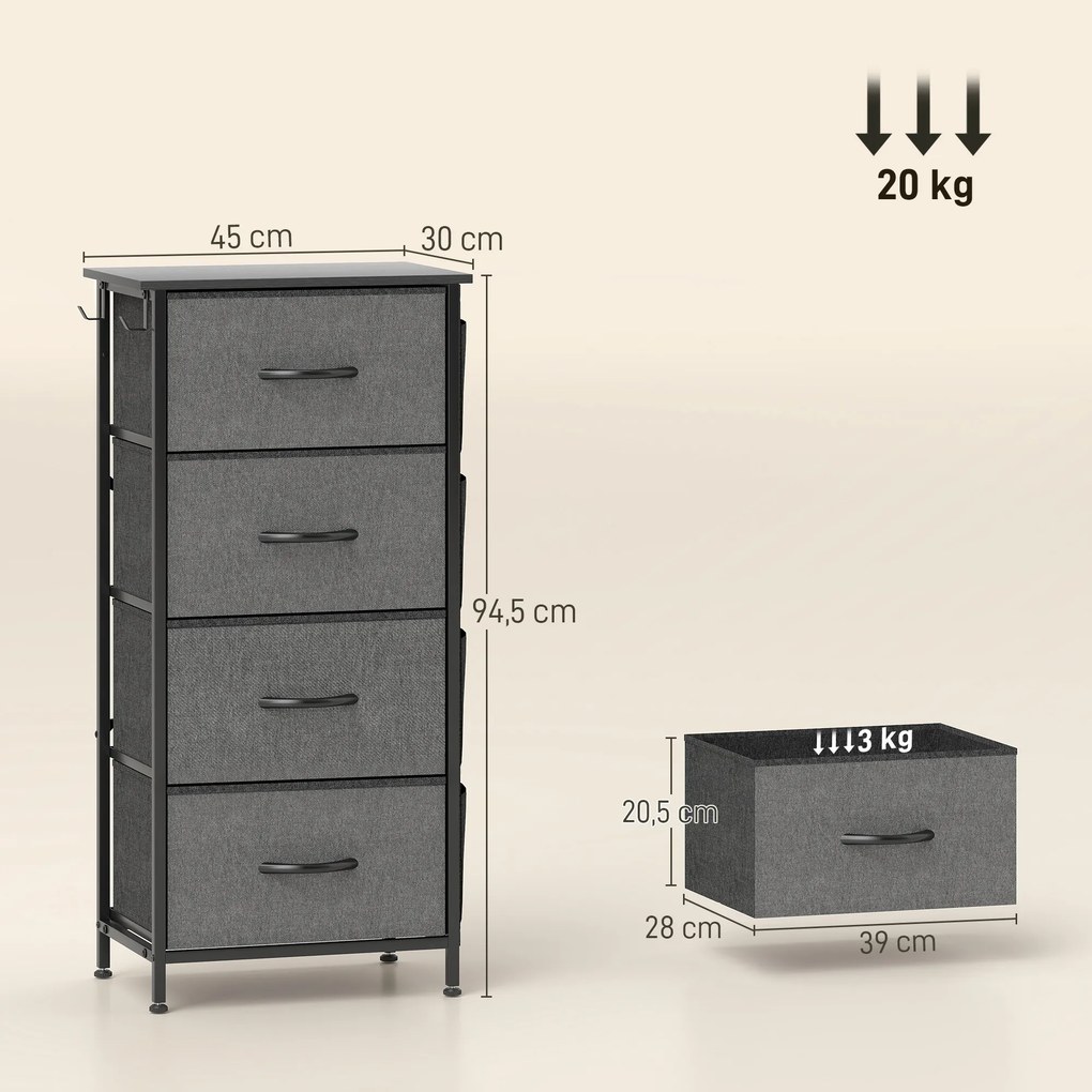 Cómoda com 4 gavetas em tecido 45 L x 30 P x 94,5 A cm, móvel de arrumação com 4 bolsos, 2 ganchos, estrutura em aço, cinzento