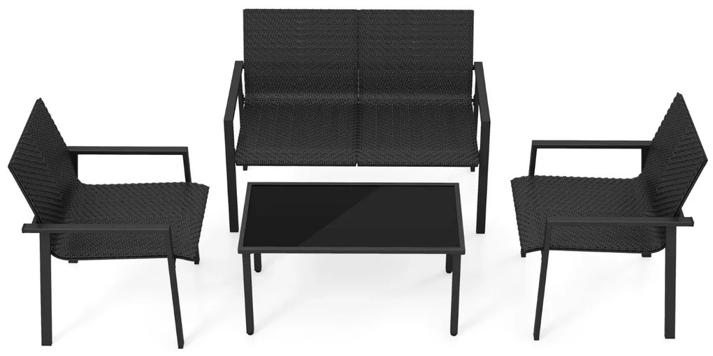 Conjunto de móveis jardim de 4 peças com estrutura metálica galvanizada robusta em vime Preto