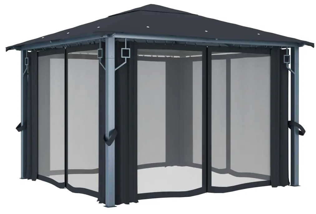 Gazebo c/ cortinas e cordões luzes LED 3x3 m alumínio antracite