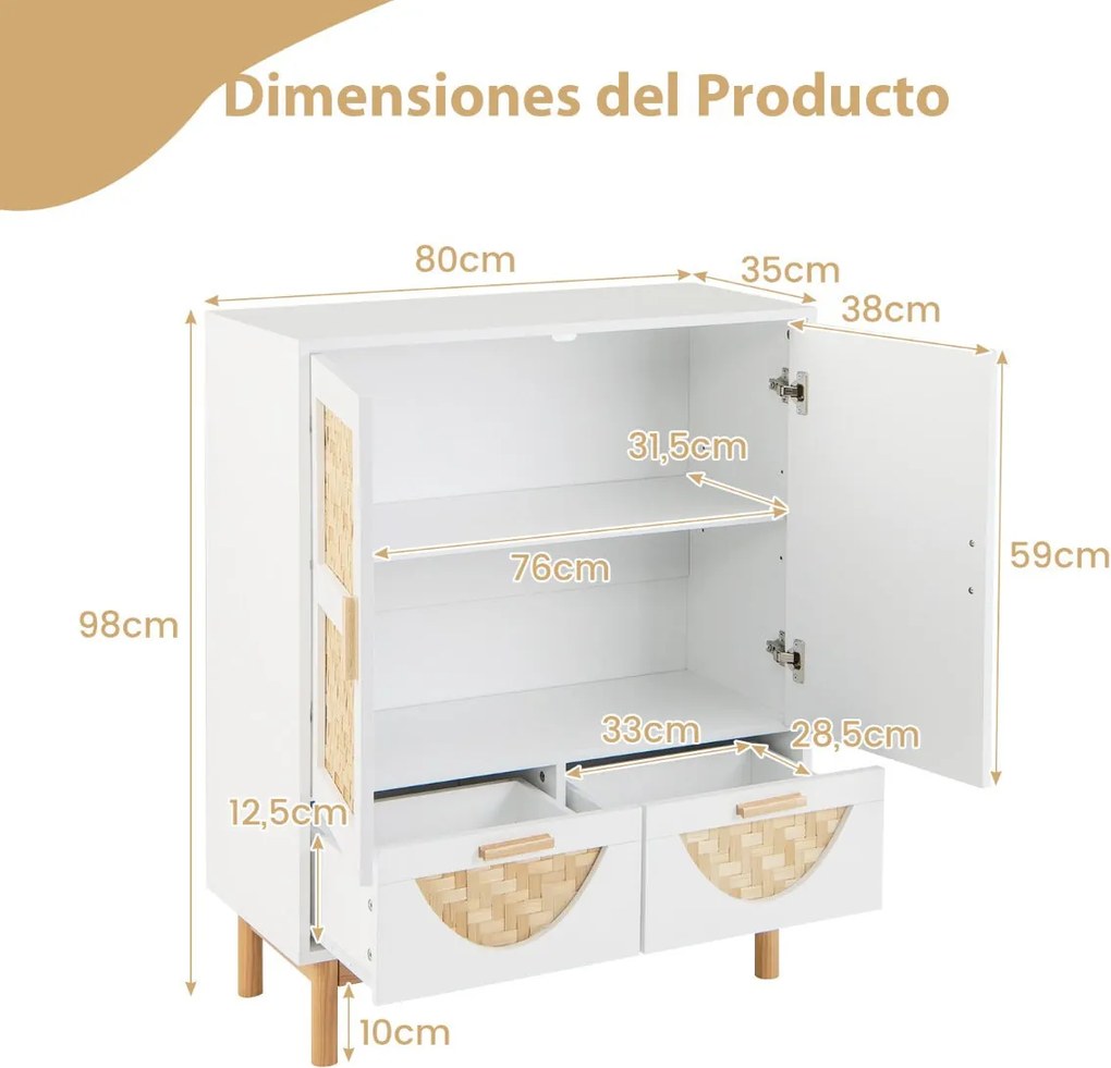 Aparador Tavira com Portas de Bambu e Gavetas – 80x35x98 cm – Branco e
