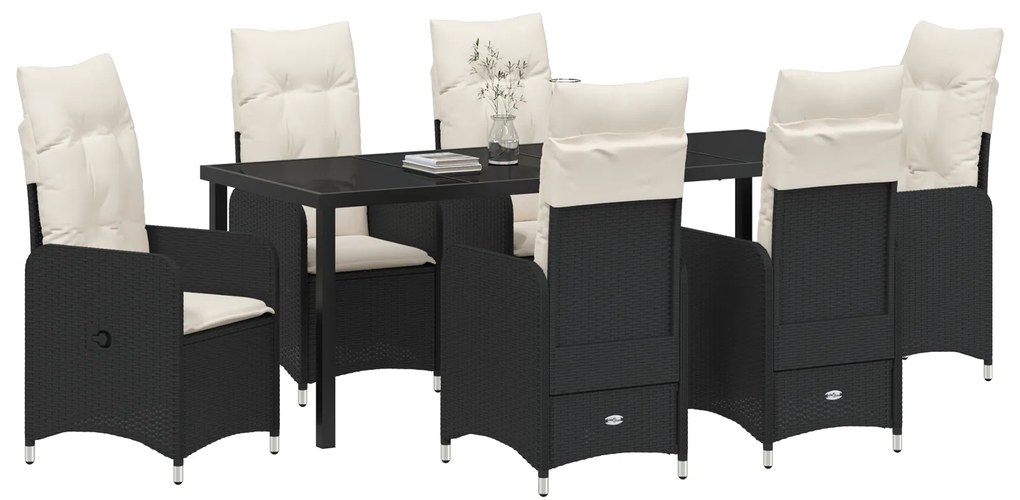 Conjunto de Jantar de Jardim 7 Peças com Almofadas Vime PE Preto