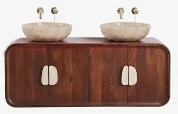 Conjunto De Móvel De Casa De Banho Dupla Suspensa 130x45 Cm Em Madeira De Manga E Pedra Natural Kivalina Sem Espelho & 2 X Dorado Escovado Embutido Co