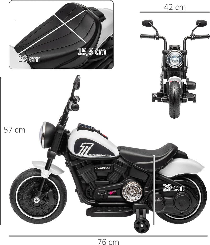 Motocicleta Elétrica para Crianças de 18-36 Meses com Bateria 6V Farol e Rodas Auxiliares Removíveis 76x42x57 cm Branca