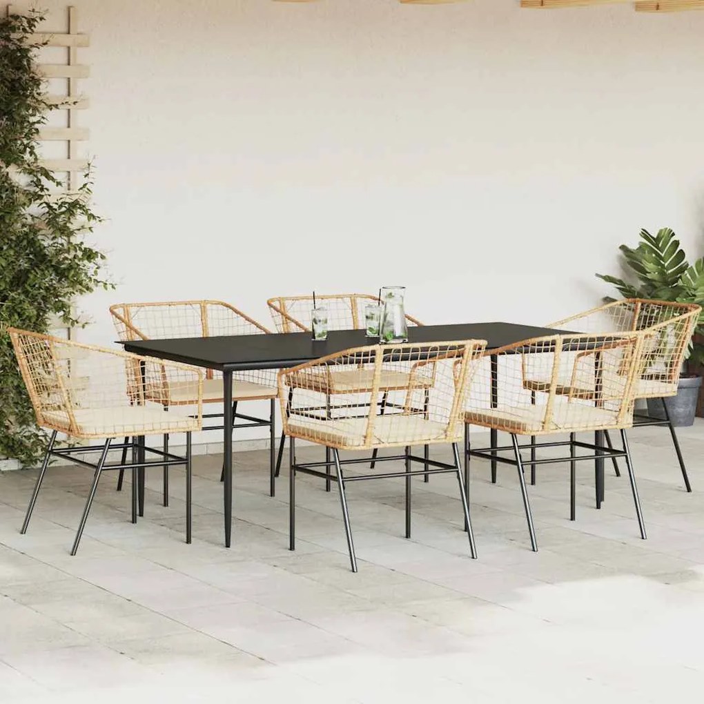 Conjunto jantar jardim 7 peças almofadas vidro vime PE castanho