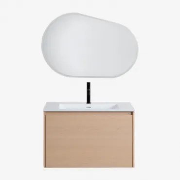 Conjunto De Móveis De Banheiro Em Madeira Jacob Com Pia Integrada Madeira Natural & Oval Led E Anti-embaciamento 100x80 Cm Meunier - Sklum