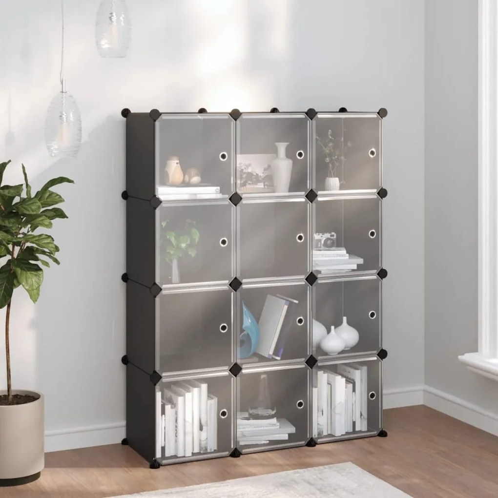 340556 vidaXL Organizador de arrumação com 12 cubos e portas PP preto