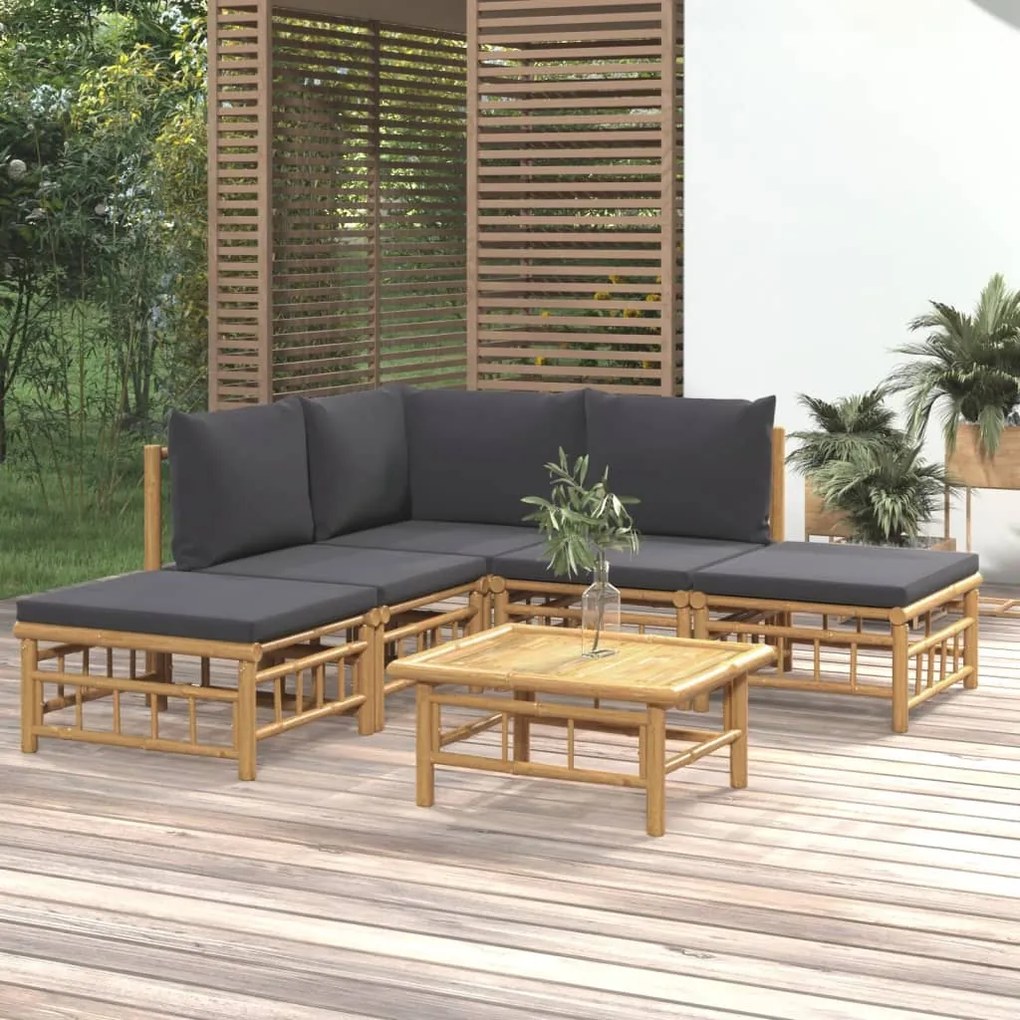 vidaXL 6 pcs conjunto lounge jardim bambu c/ almofadões cinza-escuro