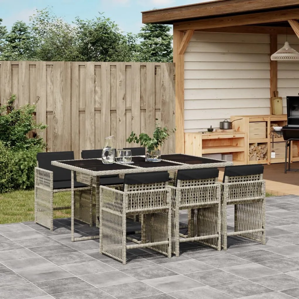 vidaXL 7 pcs conj. jantar p/ jardim c/ almofadões vime PE cinza-claro