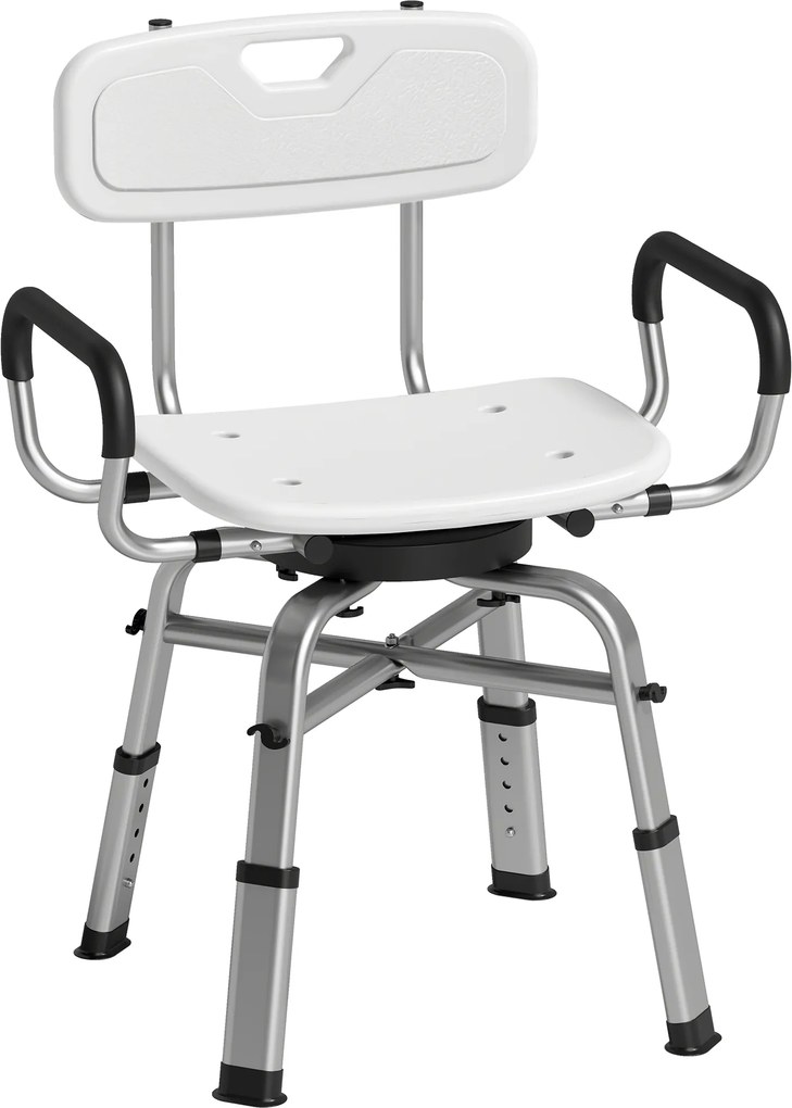 HOMCOM Cadeira para Duche Giratória com Altura Ajustável com Apoios de Braço, Encosto, Capacidade 150 kg, Branco | Aosom Portugal