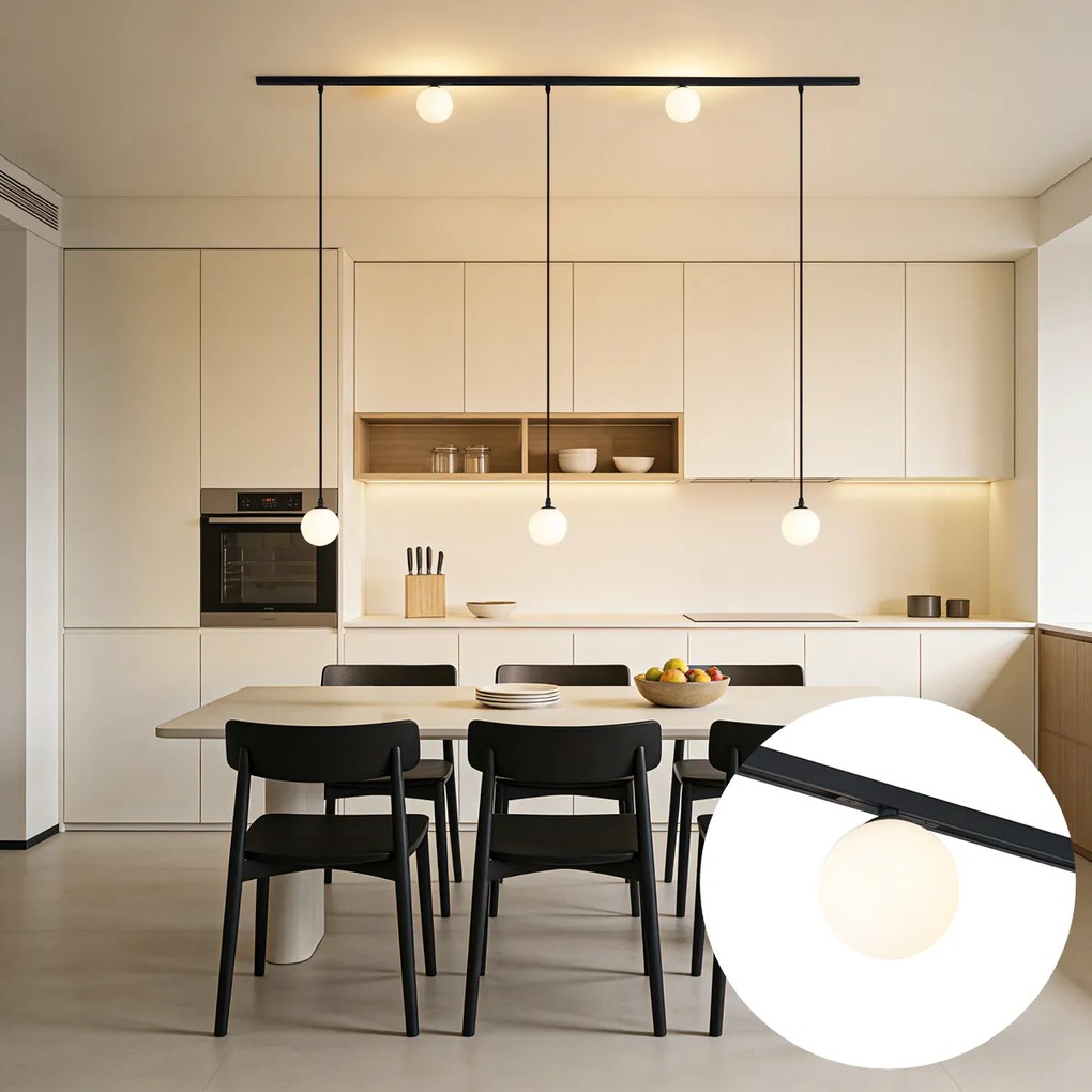 Sistema de iluminação de trilho moderno preto com 2 focos e 3 luzes pendentes monofásico - Slimline Eira