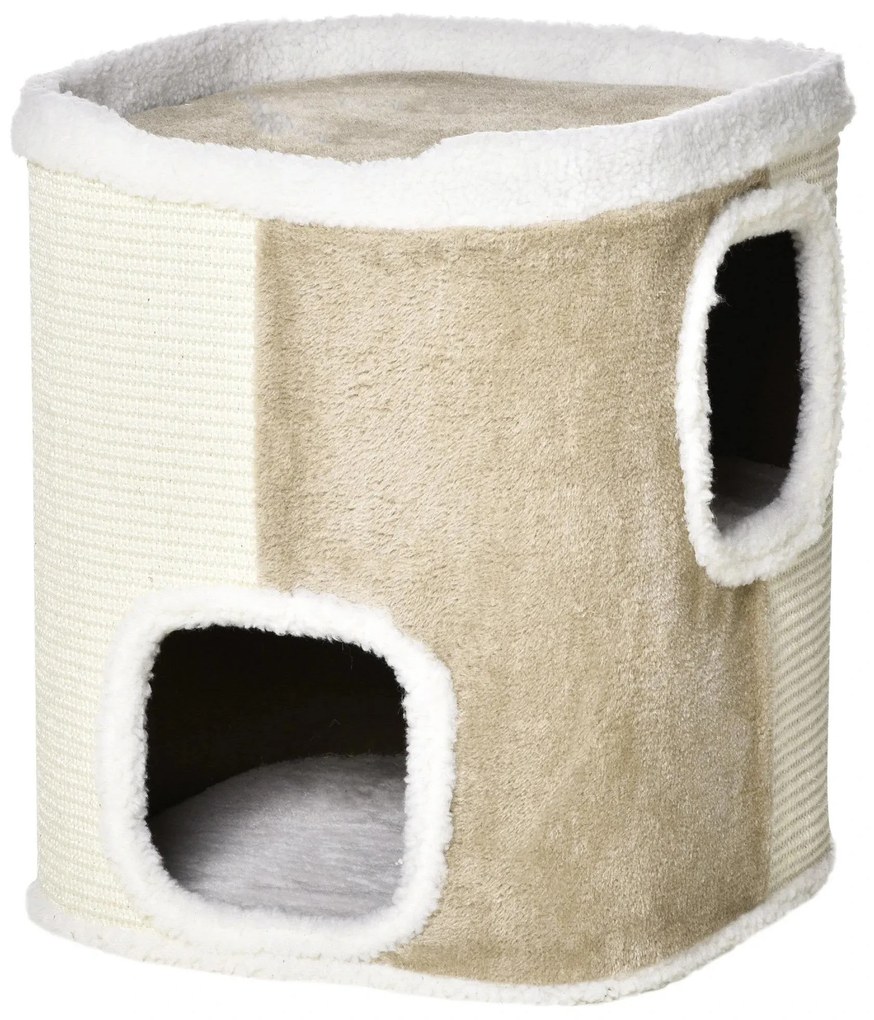 PawHut Arranhador Cilíndrico para Felinos 2 Níveis Cavidade Sisal Pelúcia Confortável Brinquedo Diversão 40x40x49cm Bege | Aosom Portugal