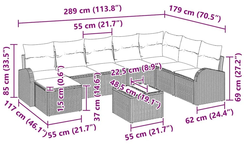 Conjunto de Sofá de Jardim de 9 Peças com Almofadas Cinza de Polímero