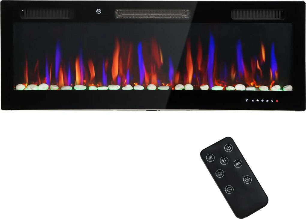 HOMCOM Lareira Elétrica Ultrafina de Parede e Embutir com Chama 3D Brilho/Velocidade Ajustável 12 Cores Pedras 900/1800W 127x9,4x47 cm Preto | Aosom Portugal