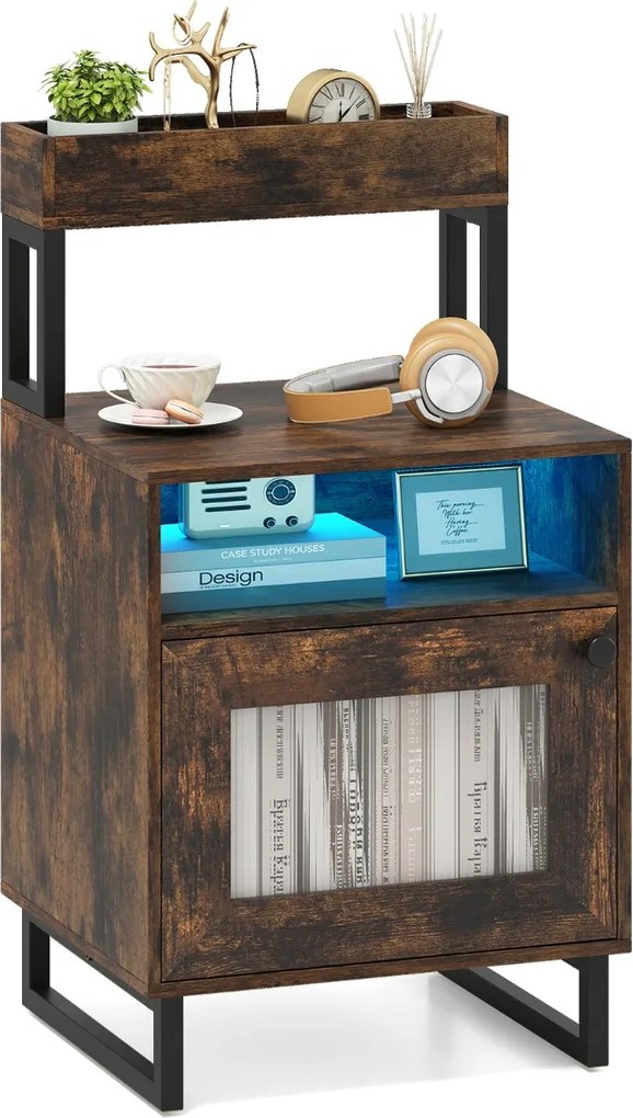 Mesa de cabeceira com luzes LED 45 x 40 x 80 cm com tabuleiro superior Estrutura metálica Castanha rustica