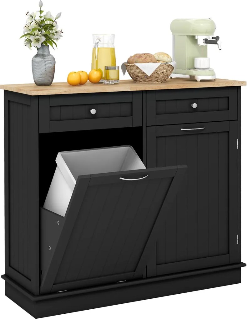 Armário de cozinha 100 x 35 x 90,5 cm com caixote lixo rebatível de 42 L 2 gavetas Estante ajustável para sala de jantar Preto