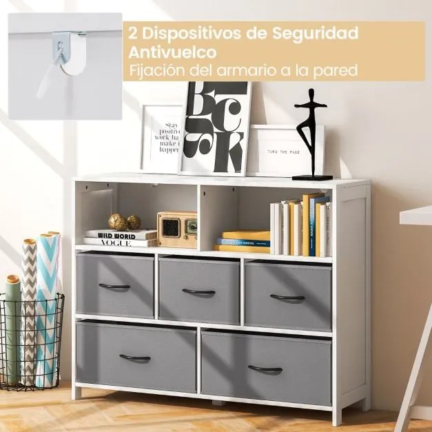 Cômoda com 5 gavetas 100 x 30 x 78 cm, 2 caixas grandes de tecido, 3 caixas médias e gavetas dobráveis de tecido Branco