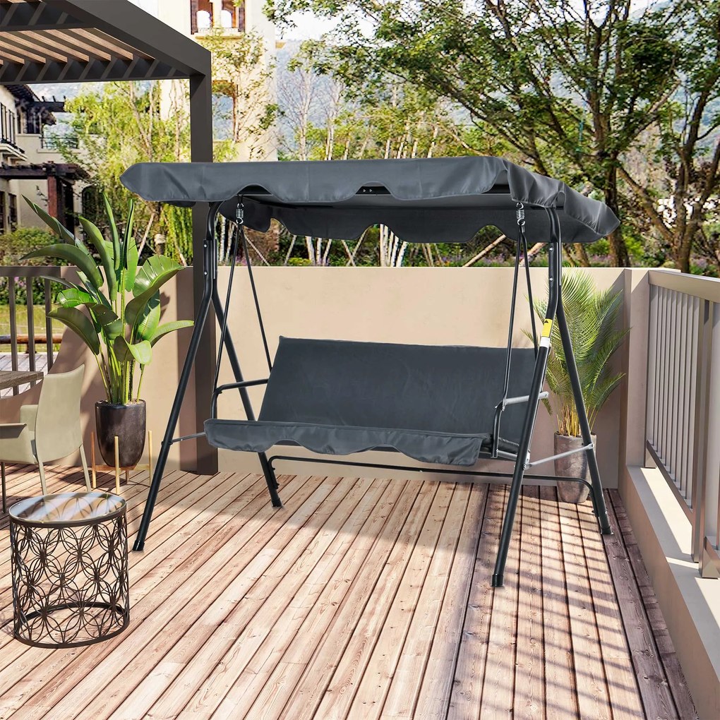 Outsunny Baloiço de Jardim de 3 Lugares com Almofada Toldo Ajustável e Estrutura de Metal para Balcão Terraço Patio Carga Máx. 200kg 172x110x153cm Cinza