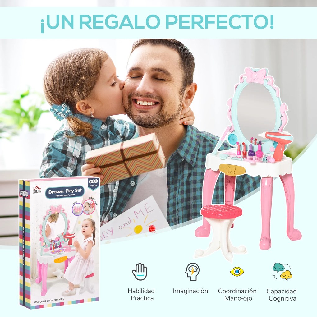 HOMCOM Toucador Infantil para Crianças acima de 3 Anos com Banco Espelho com Luz e Música com 20 Acessórios Centro de Beleza Infantil 41x27x82cm Multicolor