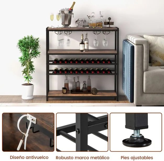 Garrafeira de vinhos 100 x 35 x 101 cm com 5 níveis para 20 garrafas com suporte copos Castanho rústico