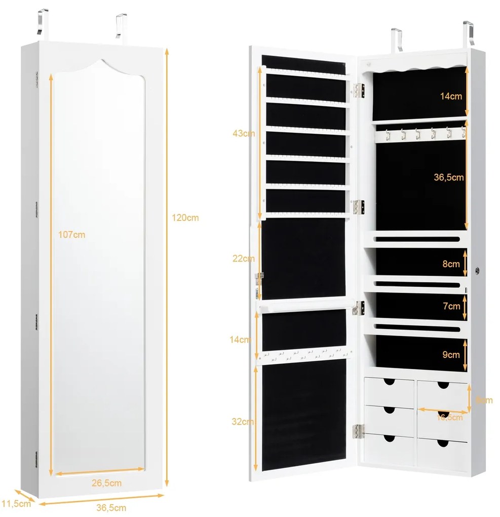 Armário para joias com espelho, iluminação LED, fechadura para montar na porta ou na parede, 36,5 x 11,5 x 120 cm Branco
