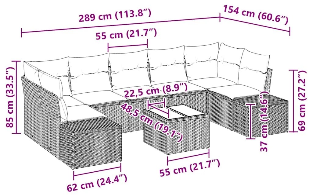 Conjunto de Sofá de Jardim 8 Peças Cinza em Rattan Sintético com Almof