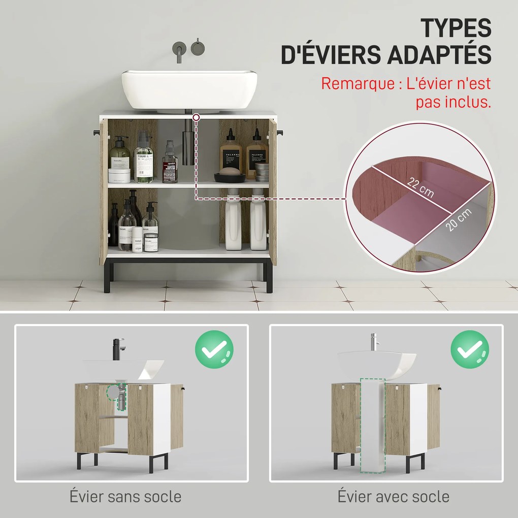 Móvel de lavatório (NÃO INCLUÍDO) moderno com base em metal e duas portas, 60 x 30 x 60 cm - branco e tom de madeira
