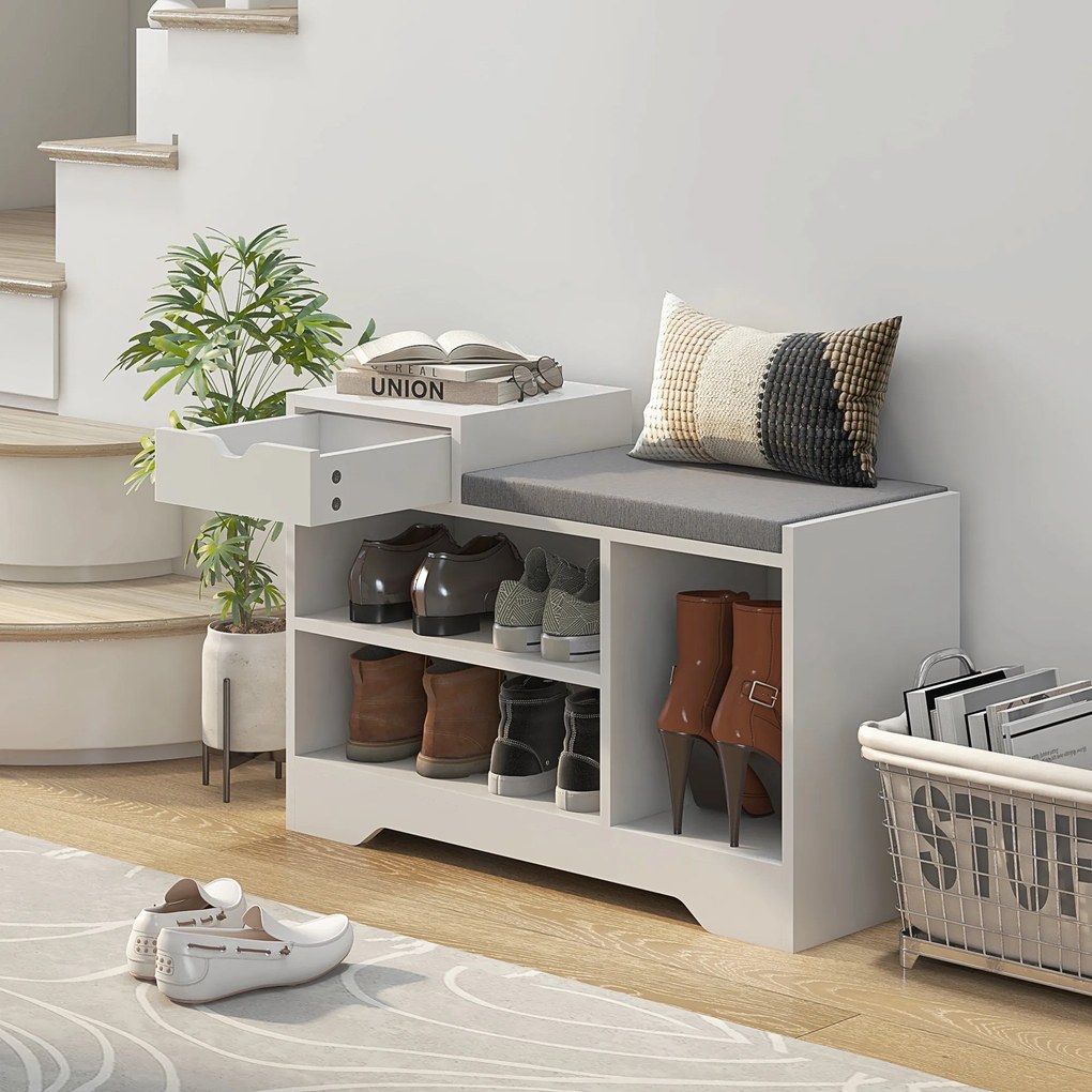 Móvel e banco sapateira com 1 gaveta e 3 compartimentos 76,5 x 30 x 52 cm, capacidade para 5 pares, em MDF branco e cinzento