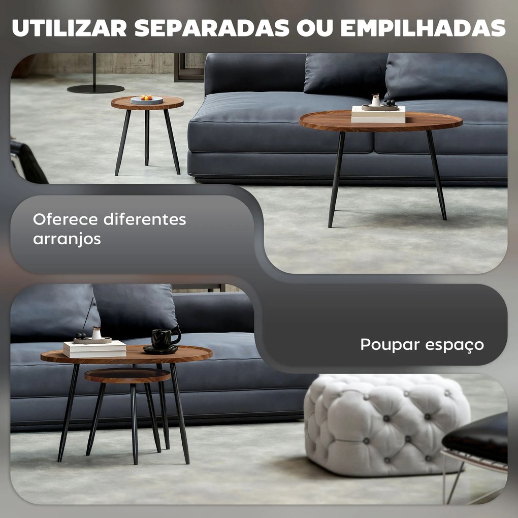Conjunto de 2 Mesas Auxiliares com Pés de Metal 80x55x49 cm e Ø40x39 cm Madeira e Preto
