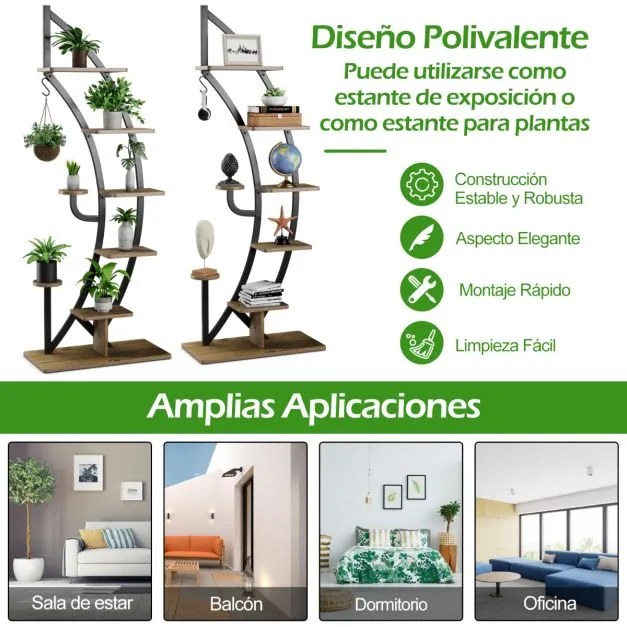 Conjunto de 2 Estantes Metálicas para Plantas 7 Níveis em Forma de Crescente Curvo com Gancho para Varanda 60x30x155 cm Natural