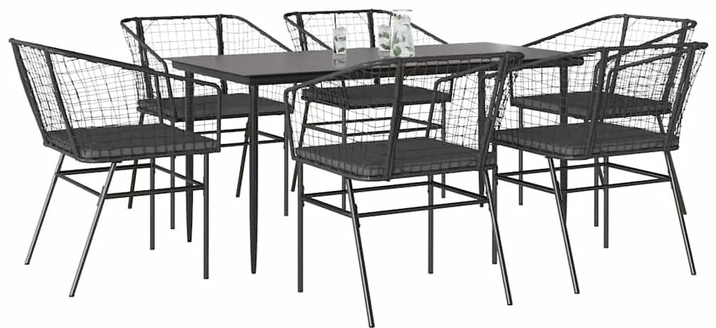 Conjunto de jantar jardim 7 peças almofadas vidro vime PE preto