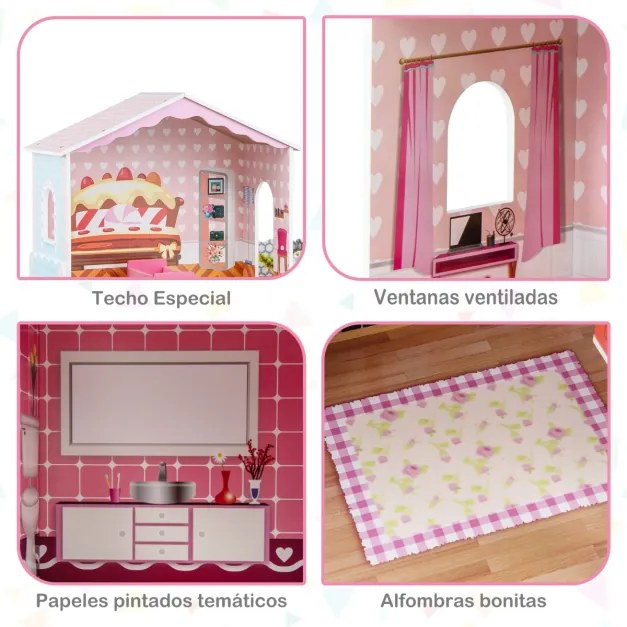 Casa de Bonecas em Madeira Brinquedo para Crianças 3+ Anos com Quartos Simulados Elevador Funcional Papel de Parede Funcional 70 x 30 x 108 cm Rosa