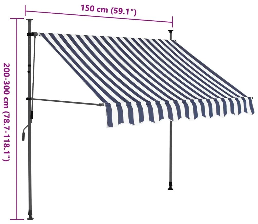 Toldo retrátil manual com LED 150 cm azul e branco