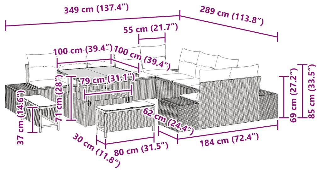 Conjunto de Sofá para Jardim vidaXL de 13 peças com Almofadas Bege Pol