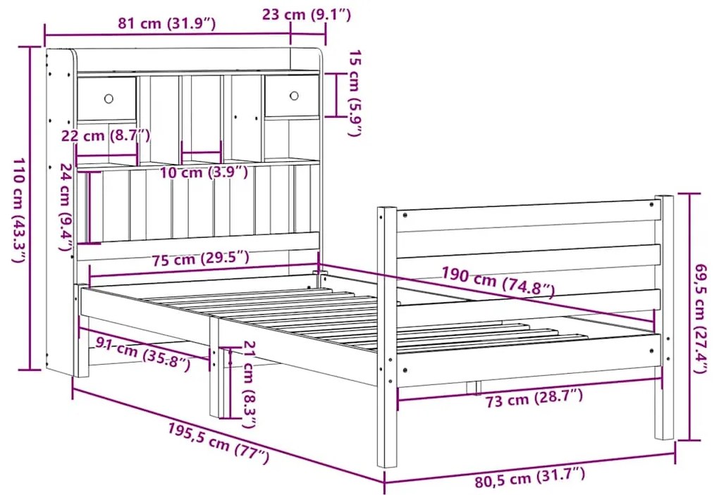 Cama com estante sem colchão 75x190 cm pinho maciço