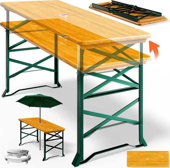Mesa para jardim, campismo, tendas, piquenique (GUARDA SOL NÃO INCLUIDO) 170x50x75-105cm regulável em altura e dobravel Verde e Castanha
