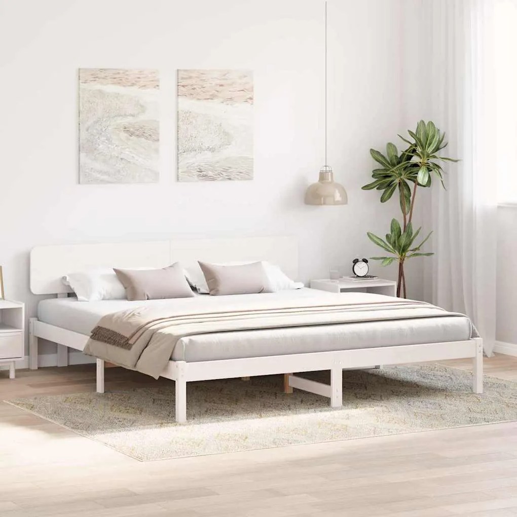 Estrado de Cama com Cabeceira Branca 180x200 cm em Madeira de Pinho