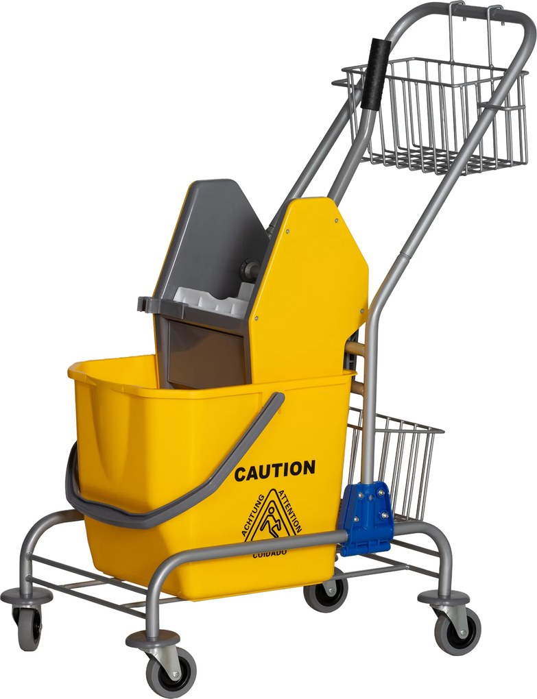 Carrinho de limpeza profissional, espremedor de mangas, balde de 26 L + cesto de arrumação amarelo