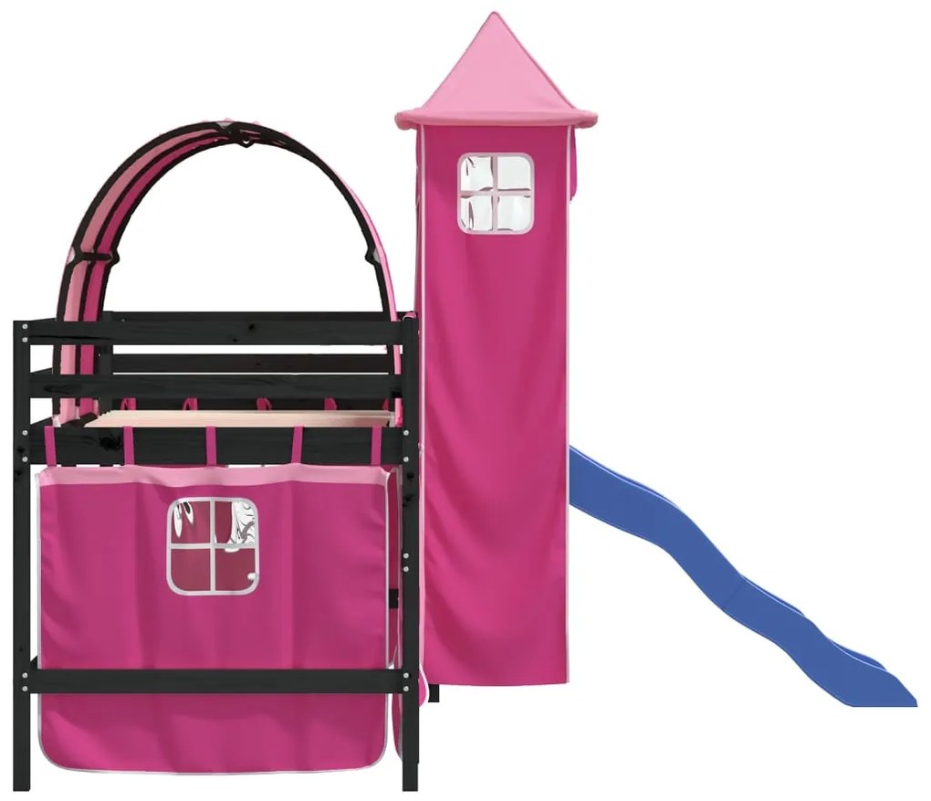 Cama alta para criança com torre 80x200 cm pinho maciço rosa