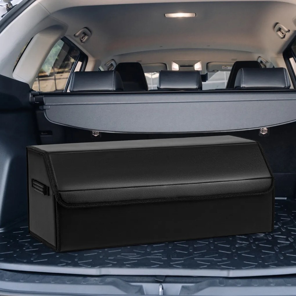 Organizador dobrável para porta-malas Carro 51L com tampa lisa em couro 30 x 69 x 27,5 cm e divisória ajustável Grande capacidade Preto