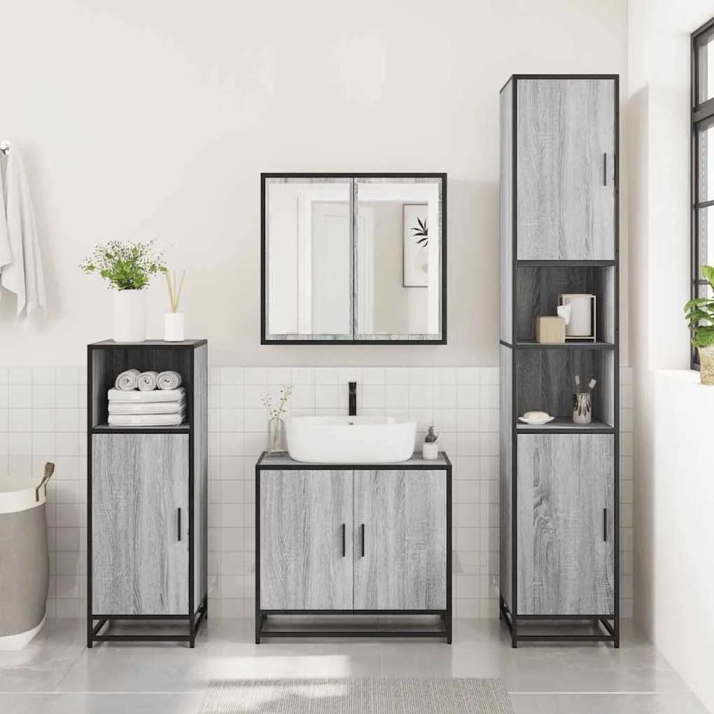 3 pcs Conjunto móveis casa de banho madeira proc. cinza sonoma