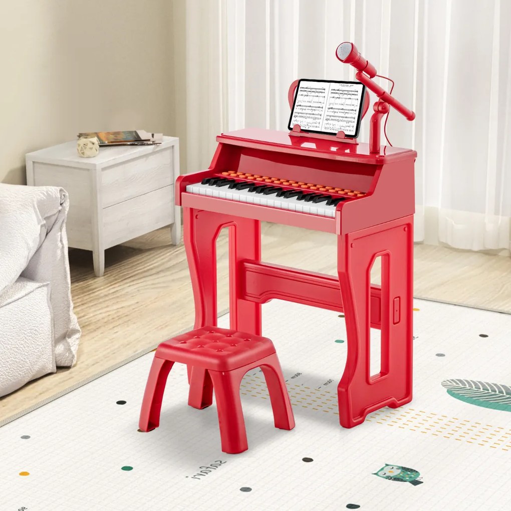Piano Brincar para crianças de 3 anos Brinquedo eletrónico de piano de 37 teclas com microfone ajustável e suporte de música amovível Vermelho