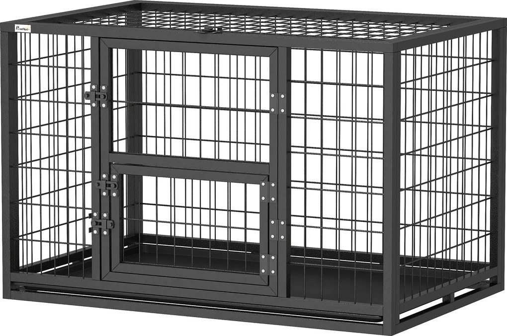 Gaiola robusta para cães 94 x 60 x 64 cm, casota interior com compartimentos abertos e porta para alimentação, em aço , preta