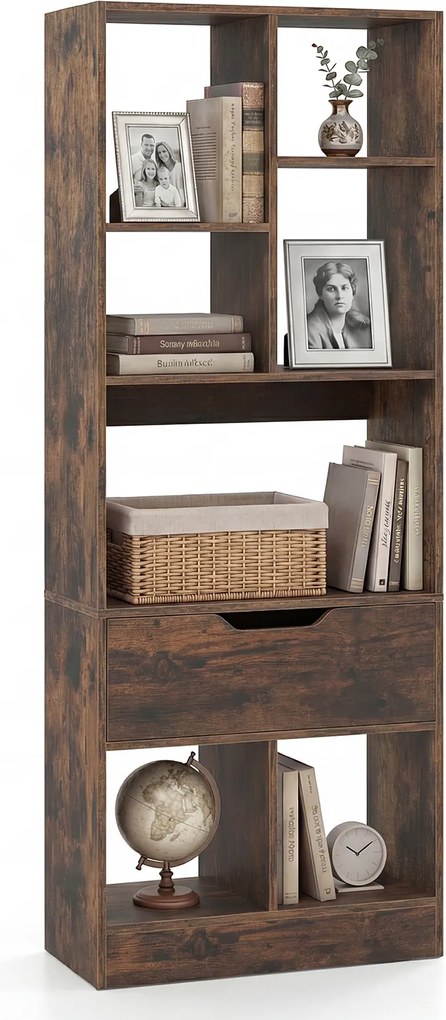 Estante Livreira Estreita, 50 x 24 x 130 cm, 7 Compartimentos e Gaveta Integrada, Castanho