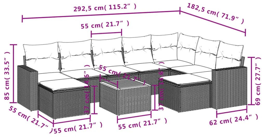 10 pcs conjunto sofás de jardim c/ almofadões vime PE preto