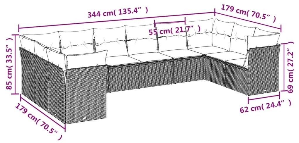 10 pcs conjunto de sofás p/ jardim com almofadões vime PE bege