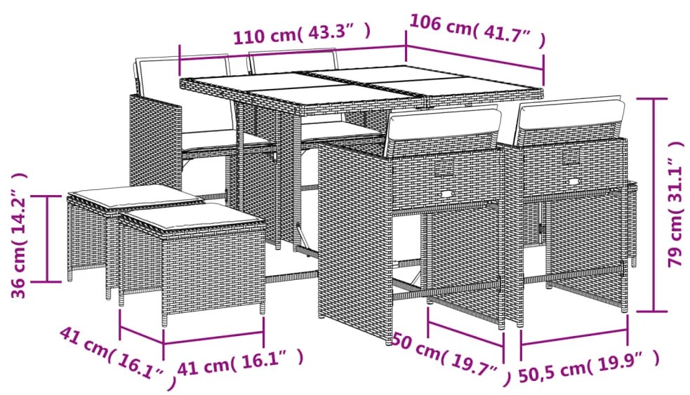 9 pcs conjunto de jantar p/ jardim com almofadões vime PE bege