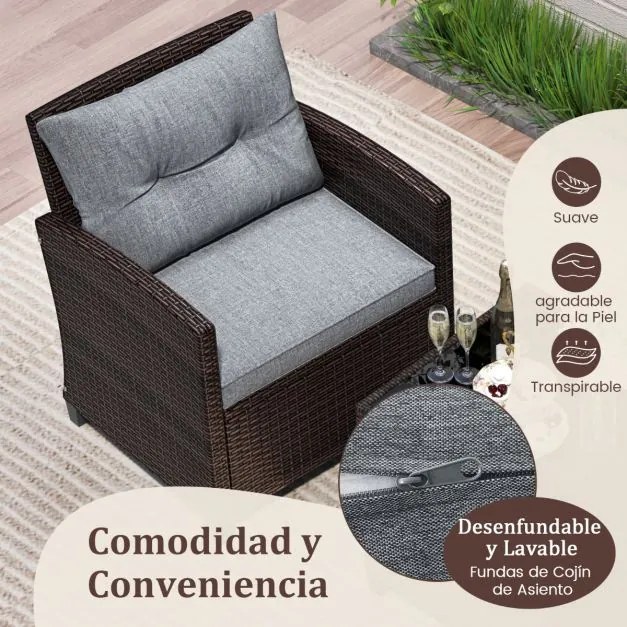 Conjunto Jardim de 3 peças em rattan com almofada lavável para jardim, piscina e varanda 67 x 67 x 76 cm Castanho e Cinzento